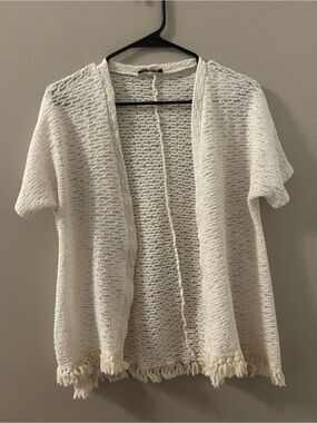 Jella Couture Cream Open-Front Short-Sleeve Fringe Cardigan